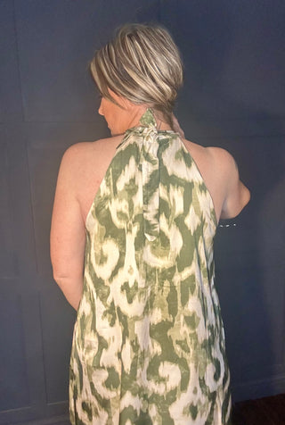 Genever Satin Print Halter Neck Maxi Dress Light Olive