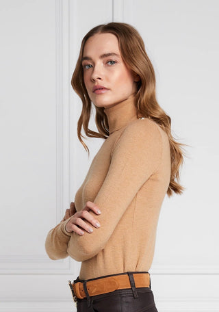 Buttoned Knit Roll Neck in Dark Camel