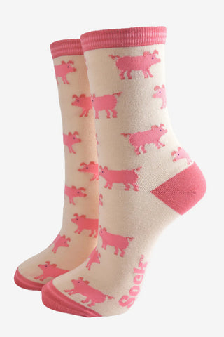 Women's Bamboo Socks - Cream/Pink, Pigs