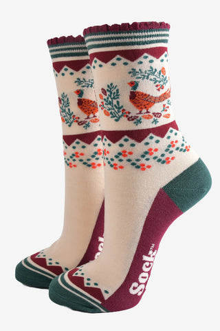 Women's Bamboo Socks - Cream/Burgundy, Pheasant Wreath