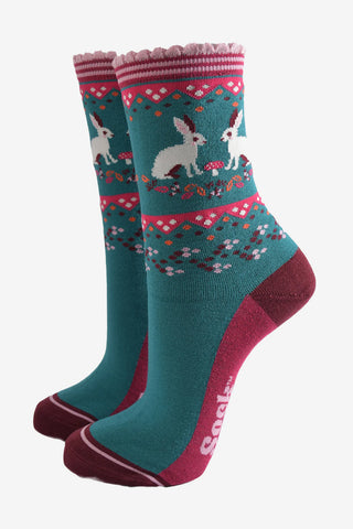 Women's Bamboo Socks - Green/Burgundy, Rabbit Wreath