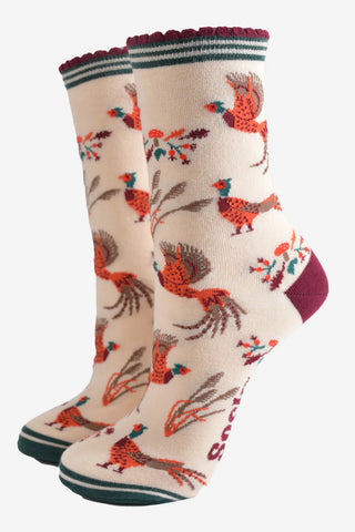 Women's Bamboo Socks - Cream/Burgundy, Woodland Pheasant