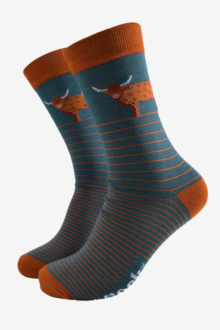 Men's Bamboo Socks - Teal/Orange, Highland Cow Stripe