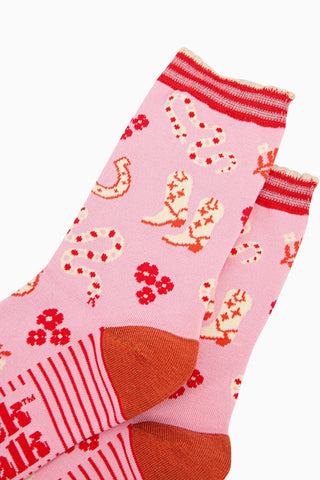 Women's Bamboo Socks - Cream/Pink, Cowboy Boot Stripe