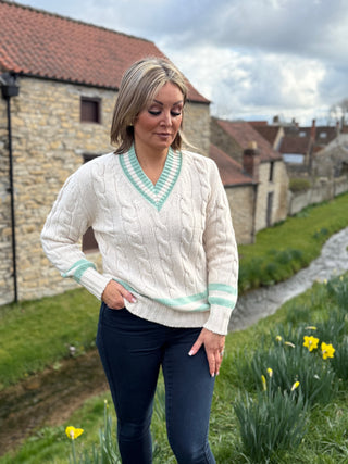 V-Neck Cable Knit Jumper in Cream with Peppermint Stripe