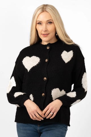 Lexi Wool Blend Cardigan - Black/Cream, Love Hearts