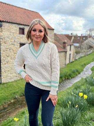 V-Neck Cable Knit Jumper in Cream with Peppermint Stripe