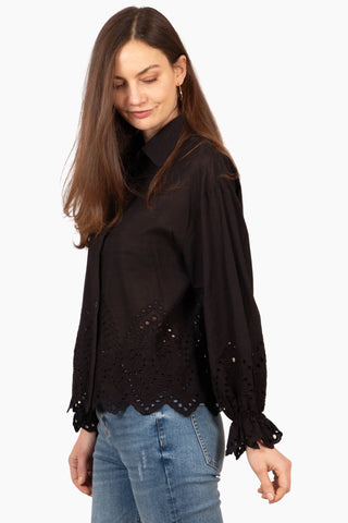 Hattie Long Sleeve Shirt - Black, Broderie Anglaise