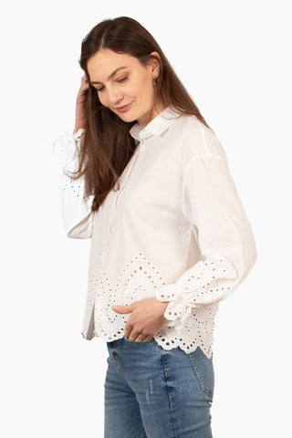 Hattie Long Sleeve Shirt - White, Broderie Anglaise