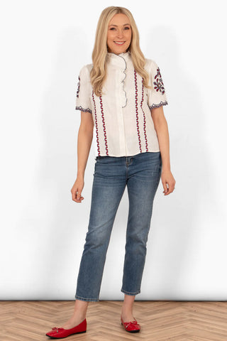 Evelyn Short Sleeve Shirt - White/Red, Floral Embroidery