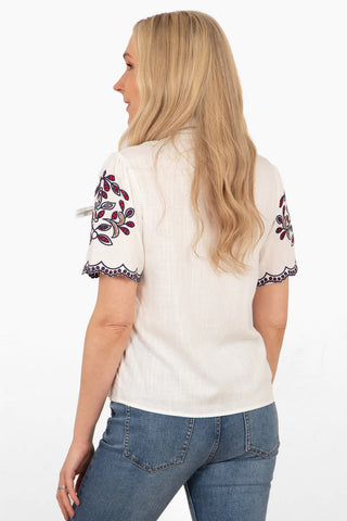 Evelyn Short Sleeve Shirt - White/Red, Floral Embroidery