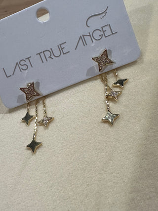 Cubic Zirconia triple star rear drop earrings in gold