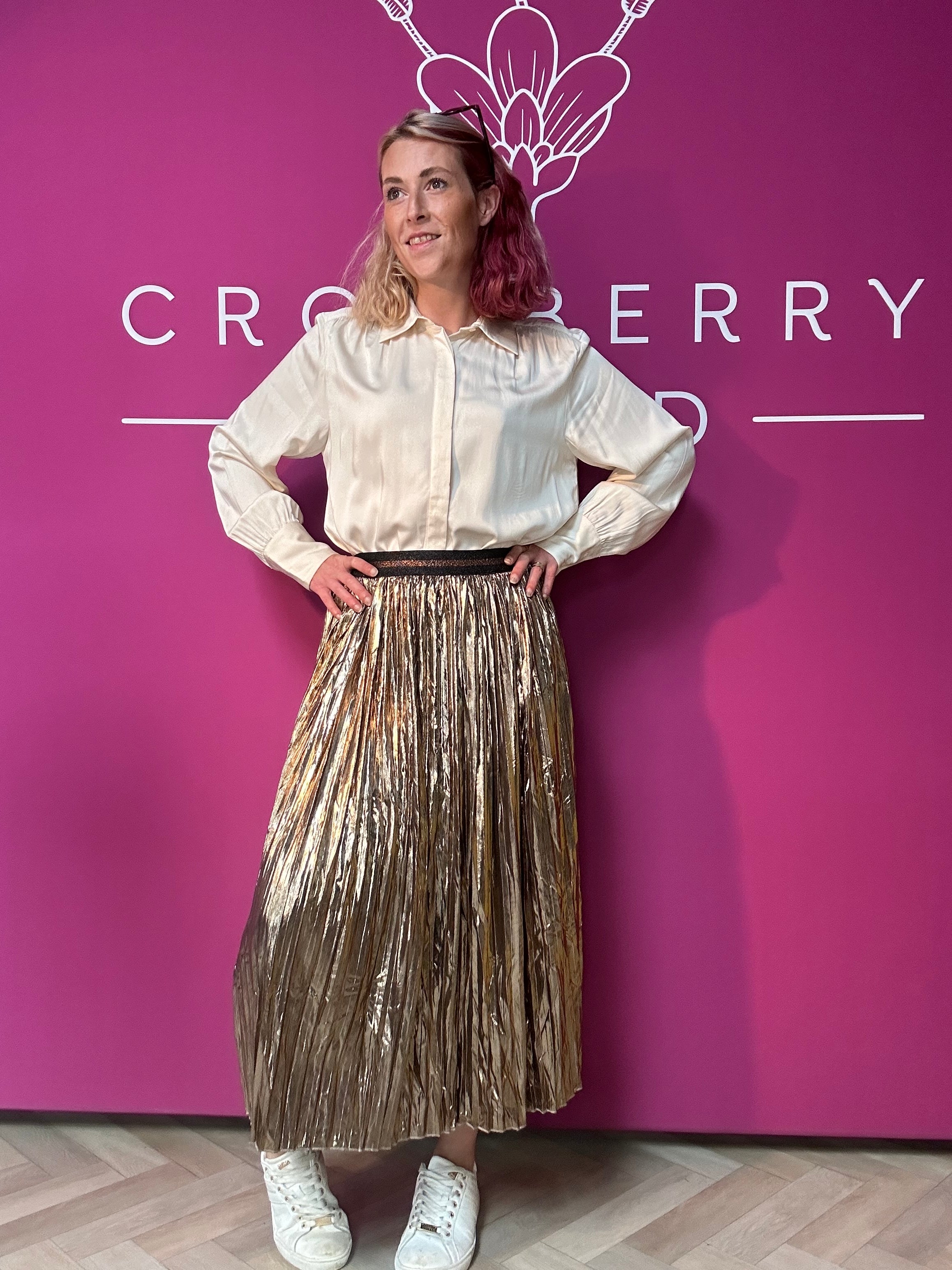 Bronze Foil Pleated Skirt with Glitter Stripe Waistband