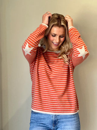 Striped boxy crew with intarsia star elbows