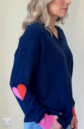 Navy boyfriend v-neck with contrast cuff and heart intarsia elbow