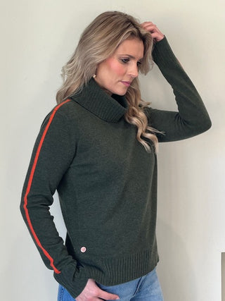 Olive roll neck with intarsia orange stripe detail