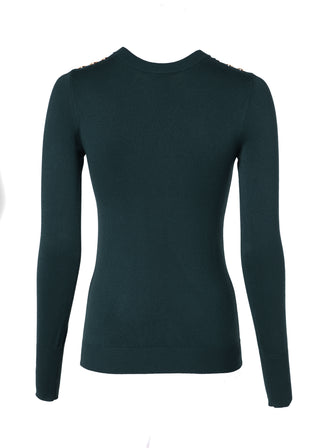 Buttoned Knit Crew Neck Deep Emerald