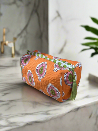 Fabric Make-Up Bag w/Lining Printed Pattern Orange