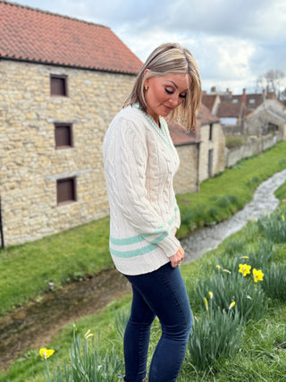 V-Neck Cable Knit Jumper in Cream with Peppermint Stripe