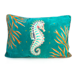 Coral Velvet Seahorse Cushion