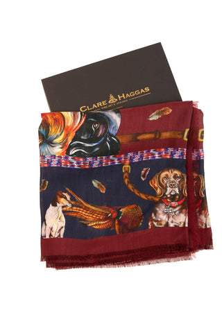 It's A Dogs Life Wool Silk Shawl Red and Navy Blue