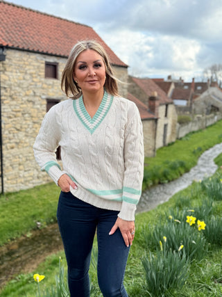 V-Neck Cable Knit Jumper in Cream with Peppermint Stripe