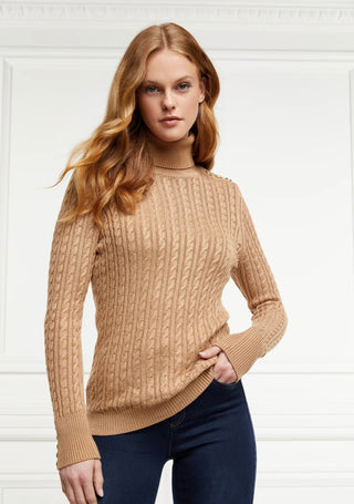 Seattle Roll Neck Cable Knit Dark Caramel Marl