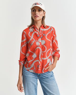 Regular Sailing Print Cotton Silk Shirt Orange Red