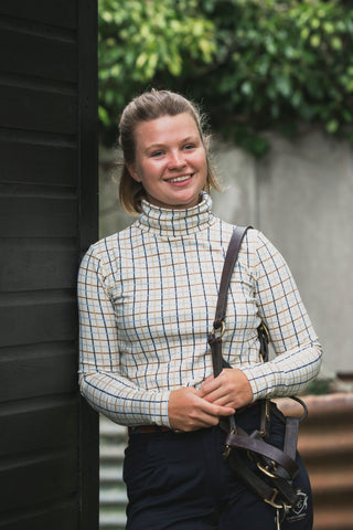 New Blue and Tan Ladies Cosy Roll Neck Top