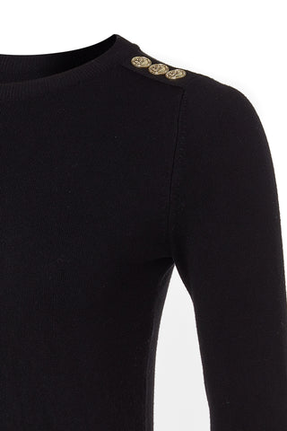 Buttoned Knit Crew Neck Black