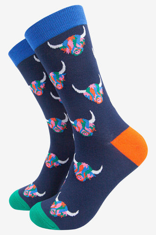 Men's Bamboo Socks - Navy Blue/Rainbow, Highland Cow