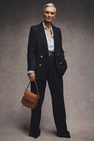 High Waisted Straight Trouser Navy Chalk Pinstripe