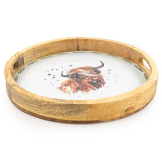 Round Mango Wood Tray Highland Cow