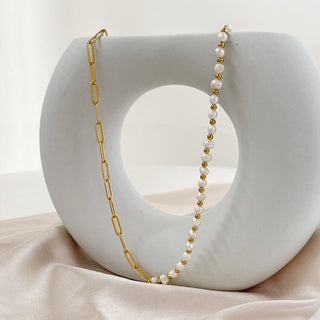 Freshwater pearl & paperclip chain necklace in gold