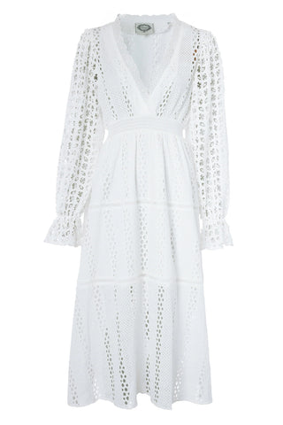 Broderie Lace V-Neck Midi Dress in White